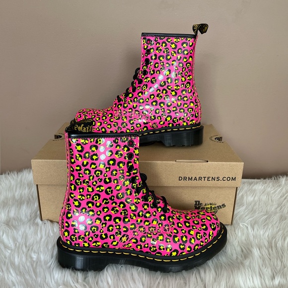Dr. Martens Shoes - {Dr. Martens} 1460 Water-Repellent Leather Boot in Clash Pink Loud Leopard - 6